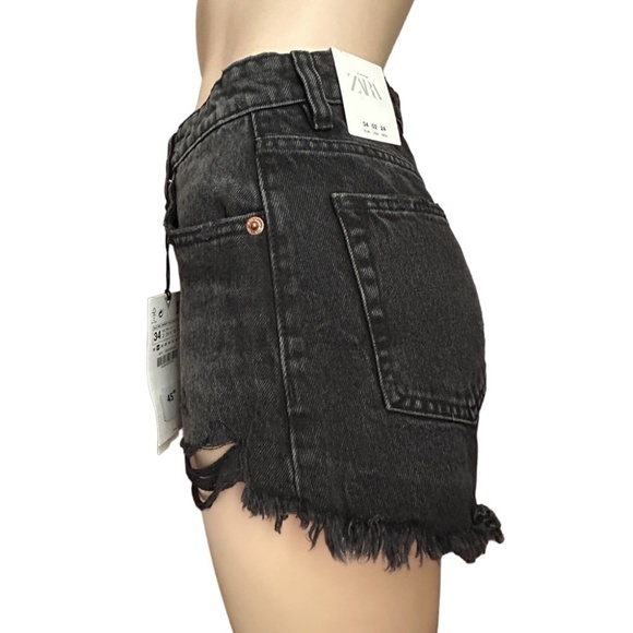 Zara Factory Distressed Shorts 5-Pocket Denim Dungaree Black High-Rise Branded - Picture 6 of 12